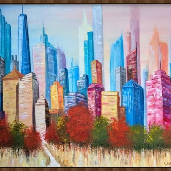 Original Colorful Acrylic Painting New York City Skyline From Central Park 30x24 - Picture 13 of 14